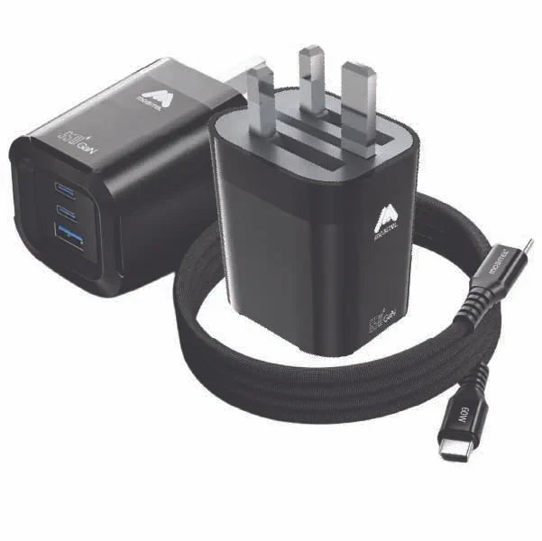 Mobitel USB-C Charger Plug, 65W Fast Charger 3-Ports Foldable UK Plug with 60W C-to-C Cable, for MacBook/iPhone/iPad/All USB-C Devices Black