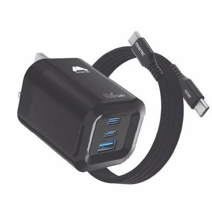 Mobitel USB-C Charger Plug, 65W Fast Charger 3-Ports Foldable UK Plug with 60W C-to-C Cable, for MacBook/iPhone/iPad/All USB-C Devices Black