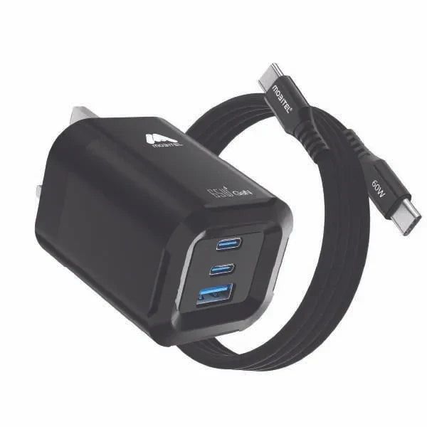 Mobitel USB-C Charger Plug, 65W Fast Charger 3-Ports Foldable UK Plug with 60W C-to-C Cable, for MacBook/iPhone/iPad/All USB-C Devices Black
