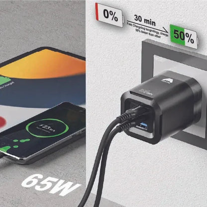 Mobitel USB-C Charger Plug, 65W Fast Charger 3-Ports Foldable UK Plug with 60W C-to-C Cable, for MacBook/iPhone/iPad/All USB-C Devices Black