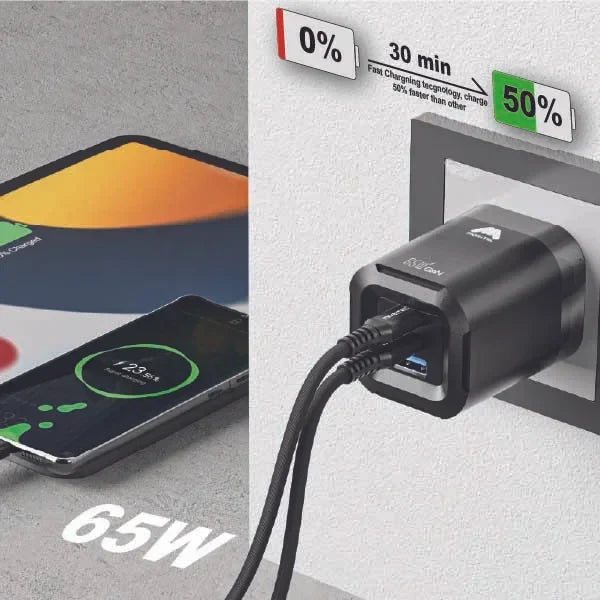 Mobitel USB-C Charger Plug, 65W Fast Charger 3-Ports Foldable UK Plug with 60W C-to-C Cable, for MacBook/iPhone/iPad/All USB-C Devices Black