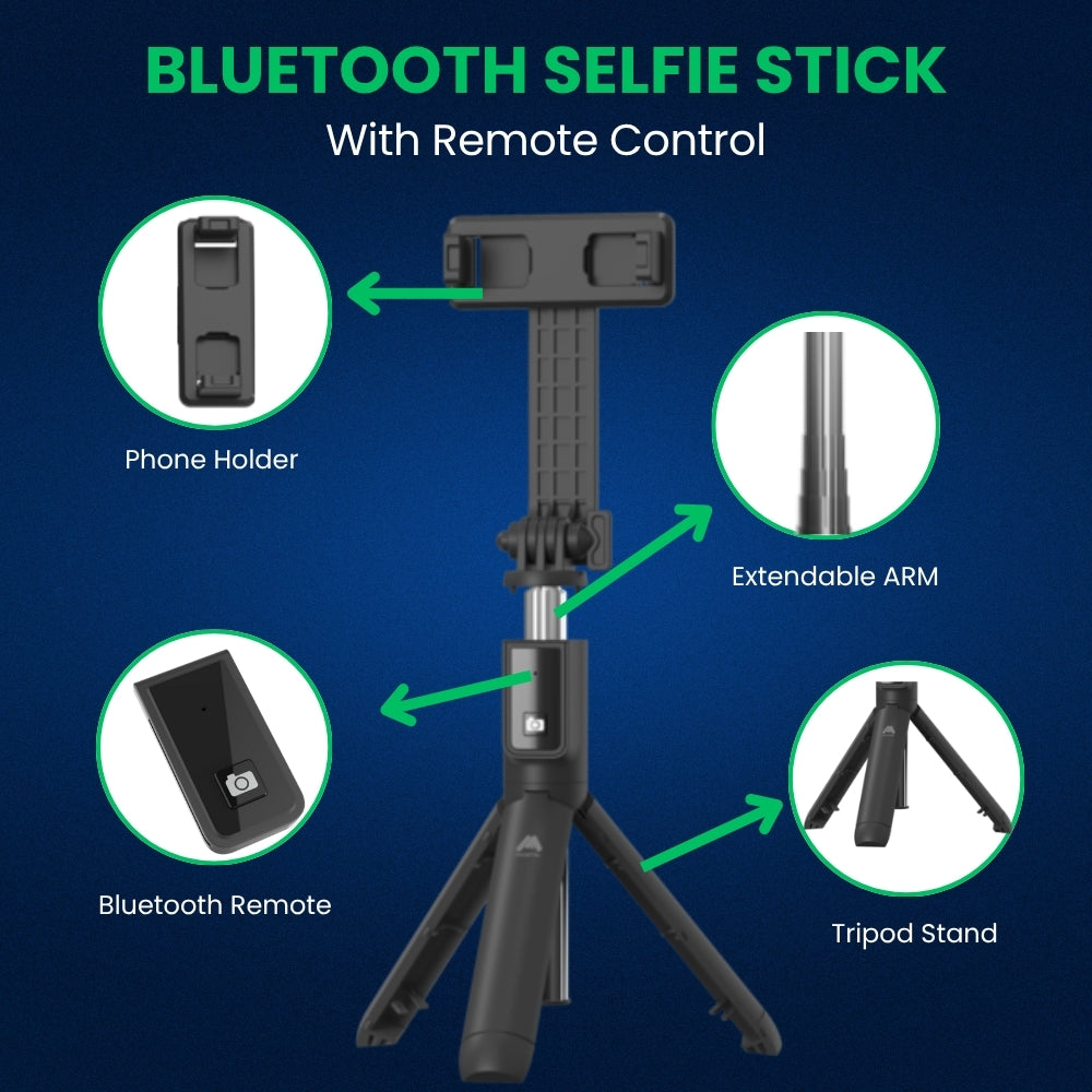 Mobitel Bluetooth Selfie Stick Tripod with Remote 360° Rotation Foldable & Extendable Phone Holder