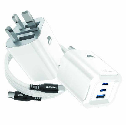 Mobitel USB-C Charger Plug, 65W Fast Charger 3-Ports Foldable UK Plug with 60W C-to-C Cable, for MacBook/iPhone/iPad/All USB-C Devices White