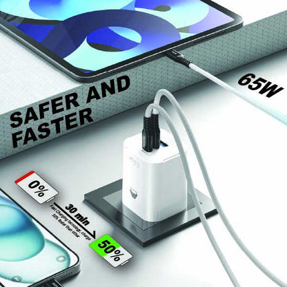 Mobitel USB-C Charger Plug, 65W Fast Charger 3-Ports Foldable UK Plug with 60W C-to-C Cable, for MacBook/iPhone/iPad/All USB-C Devices White