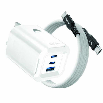 Mobitel USB-C Charger Plug, 65W Fast Charger 3-Ports Foldable UK Plug with 60W C-to-C Cable, for MacBook/iPhone/iPad/All USB-C Devices White