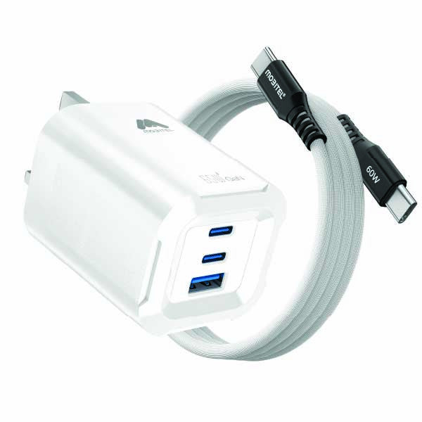 Mobitel USB-C Charger Plug, 65W Fast Charger 3-Ports Foldable UK Plug with 60W C-to-C Cable, for MacBook/iPhone/iPad/All USB-C Devices White