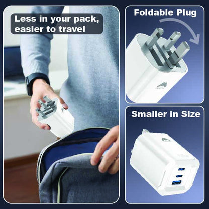 Mobitel USB-C Charger Plug, 65W Fast Charger 3-Ports Foldable UK Plug with 60W C-to-C Cable, for MacBook/iPhone/iPad/All USB-C Devices White