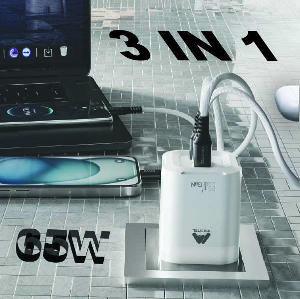 Mobitel USB-C Charger Plug, 65W Fast Charger 3-Ports Foldable UK Plug with 60W C-to-C Cable, for MacBook/iPhone/iPad/All USB-C Devices White